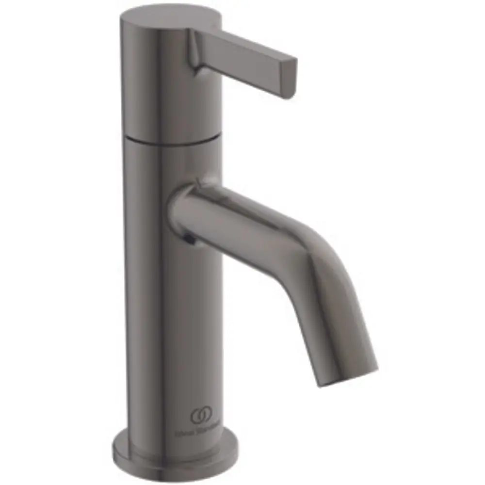 Einzelner Wasserhahn von Ideal Standard in Magnetgrau mit gerader Auslaufform und einem flachen Hebel oben zur Steuerung des Wasserflusses.